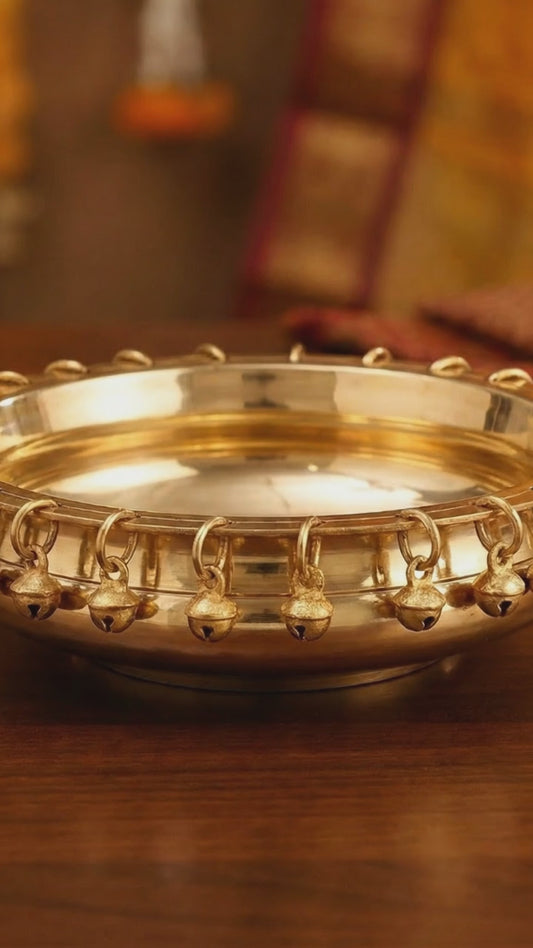 8-Inch Brass Urli with Hanging Bells (Ghungroo) – 1.5 Kg Heavy, 3" Height