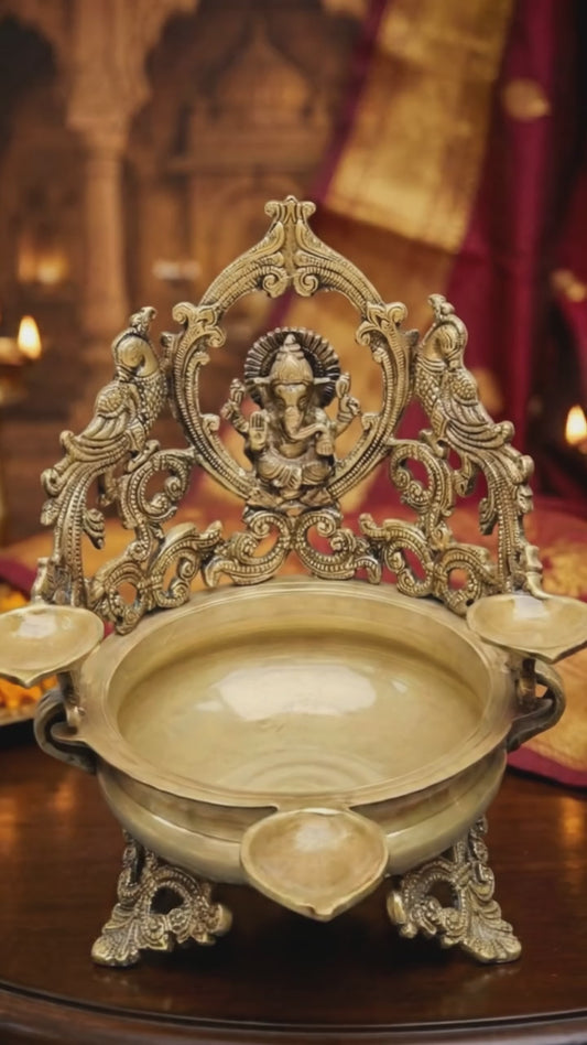 Brass Ganesha Urli with 3 Oil Lamps (12 Inch)